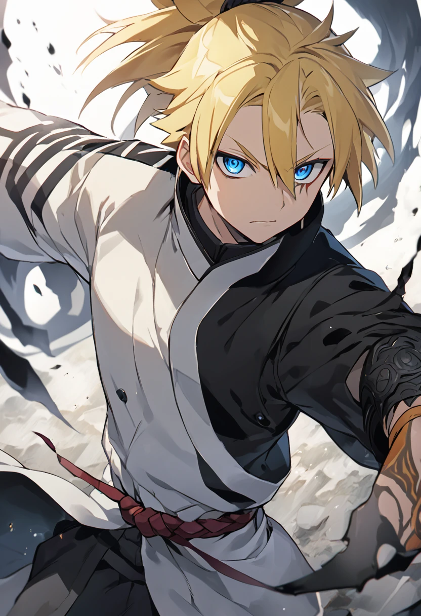 Appearance: Boruto would have a similar appearance to his original version in Naruto, but with some adaptations for the Bleach universe. He would wear the standard Shinigami uniform, with the addition of some markings and details that reflect his personal style. His blond hair would be longer and tied in a high ponytail. He would have bright blue eyes and a determined look on his face, high definition 8k