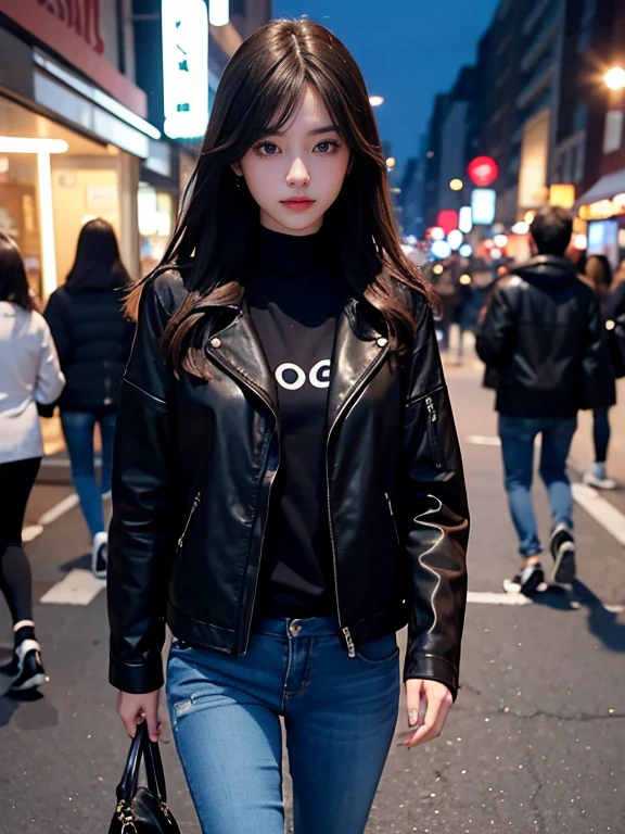 ((Best quality, 8k, Masterpiece: 1.3)), Contour: 1.2, Perfect body beauty: 1.4, Butt: 1.2, ((Layered haircut, Round chest: 1.5) ), (night, Street: 1.3), blue turtleneck sweater: 1.1, Highly detailed face and skin texture, Beautiful eyes, Double eyelids, White skin, Long hair, (Silent: 1.3), Full close ,Ultra HD,8K, full body perfect face, perfect body, night city street, from front,, two hands in front of chests, yuppy style, blue turtleneck sweater and fancy coat, dark denim jeans, leather boots, elegant, hyper realistic