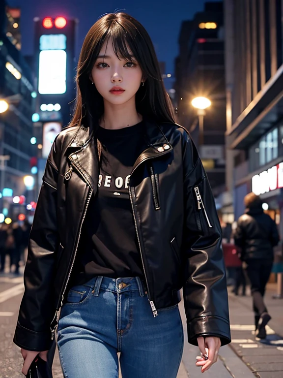 (ultra high definition, 8K, masterpiece: 1.3), Korean woman, fat, obesity, thick thighs, beautiful, black leather pants, plus model, black t-shirt, Denim denim jacket, city, night, neon sign
