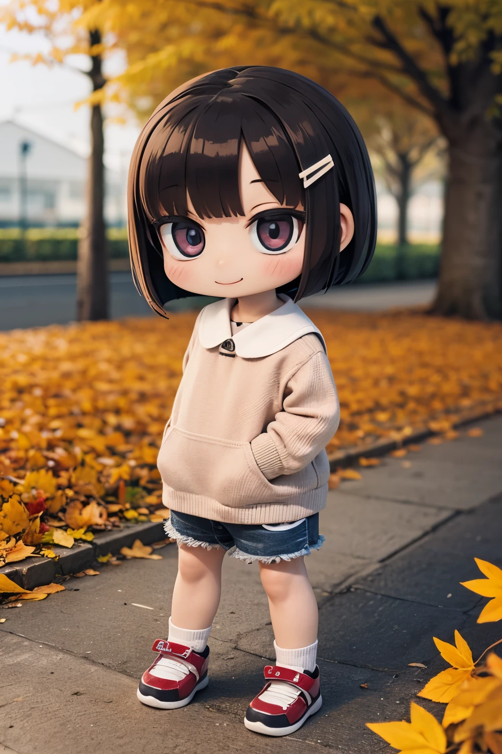 Photorealistic、Chibi Girl（smile、Standing pose、front、Autumn Clothes、Cute Shoes、Cute hairpin、Short Bob）、badyiffymix41,、badhandv4