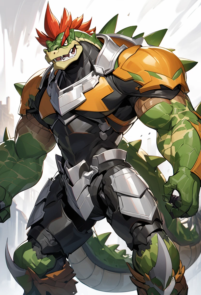 Appearance: Bowser would be adapted to the style of the Bleach universe, keeping his lizard appearance, but with a darker and more serious look. He would have heavy armor that reflected his physical resistance, high definition 8k