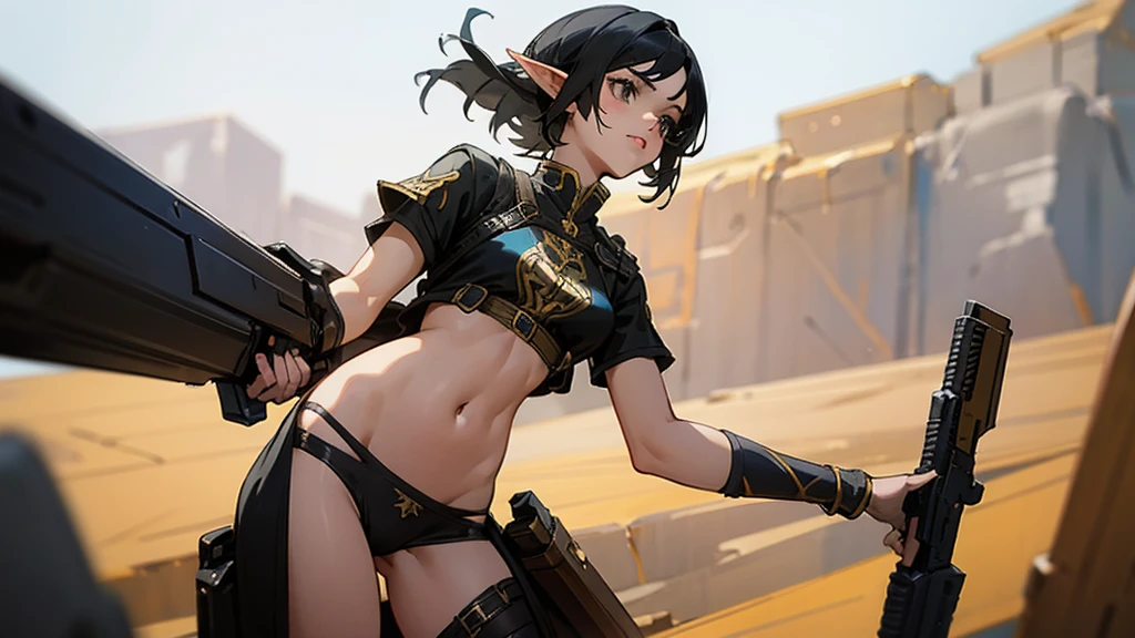 fantasy, female, elf, black hair, wearing skimpy any color roman clothes, holding a destiny2weapon handgun in right hand, standing straight, masterpiece, 4k, high detail