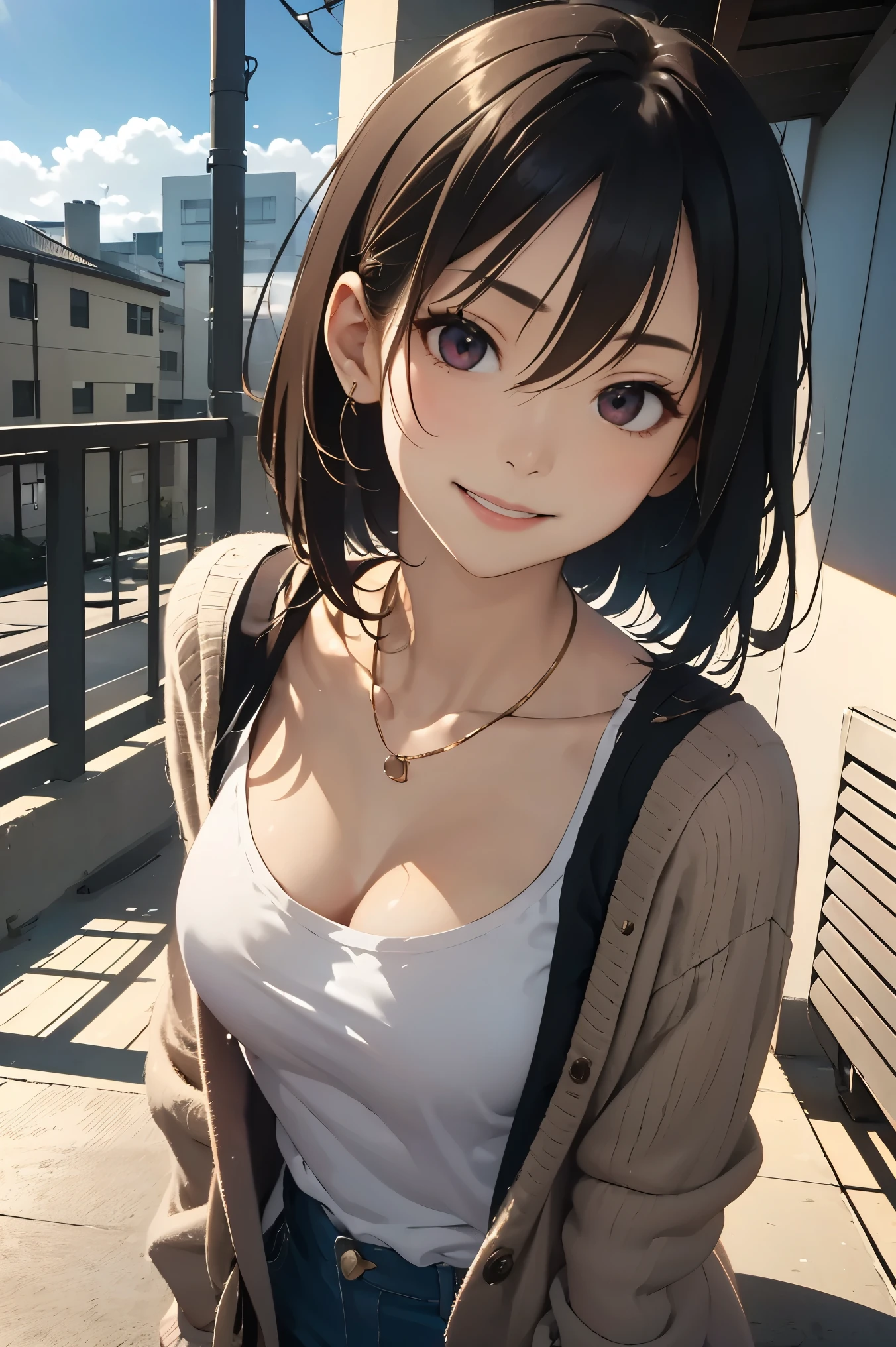 of Misaki,Small breasts,masterpiece, Absurd, Best Quality, Super detailed, High resolution, Detailed illustrations, Very beautiful detailed face and eyes, A kind beautiful face, Bright colors, One girl, Cute face, Magenta Eyes, Shining Eyes, Big Eyes, Medium chest, (Firm breasts:1.1), (Pointy Breast:1.1), Medium Hips, glamorous body, White skin, happy, break, Long Bob Cut, (Blonde:0.8), Messy Hair, Detailed Hair, Shiny Hair, break cardigan, Small ribbon, Real World, Natural Light, perfect lighting, Outdoor, From below,