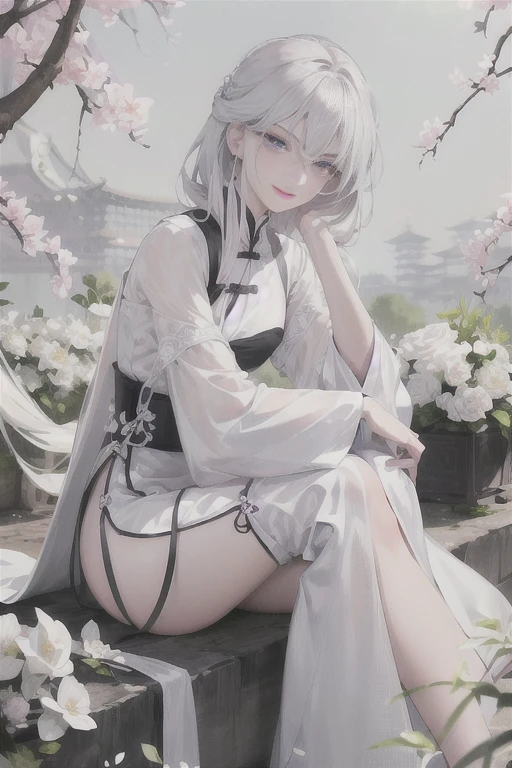 masterpiece, Excellent, daytime, outdoor, fallen flowers, branch, Chinese style, China, 1 girl, Perfect Woman, woman with long silver hair, grey-blue eyes, light pink lips, cold, Serious, boom, purple eyes, White clothes, black clothing series, delicate face, delicate face, Sitting Legs, Smile，short skirt，Nice butt，beautiful butt