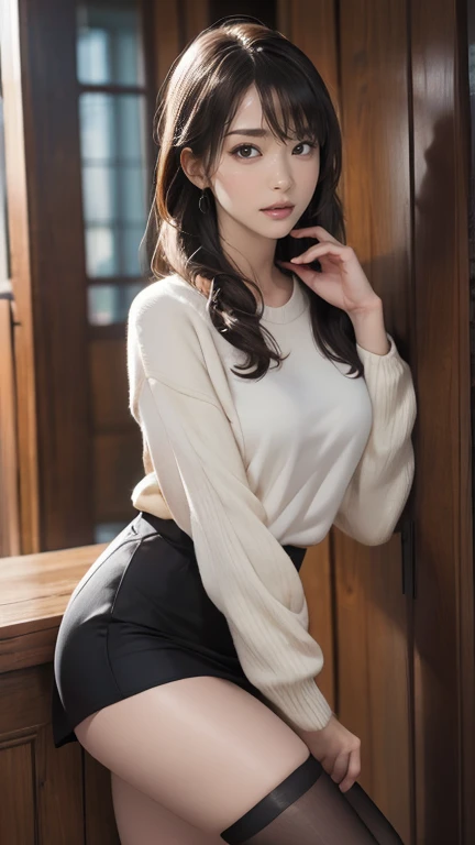 Woman sitting on chair in café、((top-quality、8K、masterpiece:1.3))、foco nítido:1.2、Beautiful Women in Perfect Style:1.4、Slender Abs:1.2、((dark brown hair、Colossal tits:1.2))、(Black jacket、White panties are visible through a black miniskirt、Panchira、Panties are visible)、Highly detailed facial and skin texture、A detailed eye、二重まぶた、A smile、