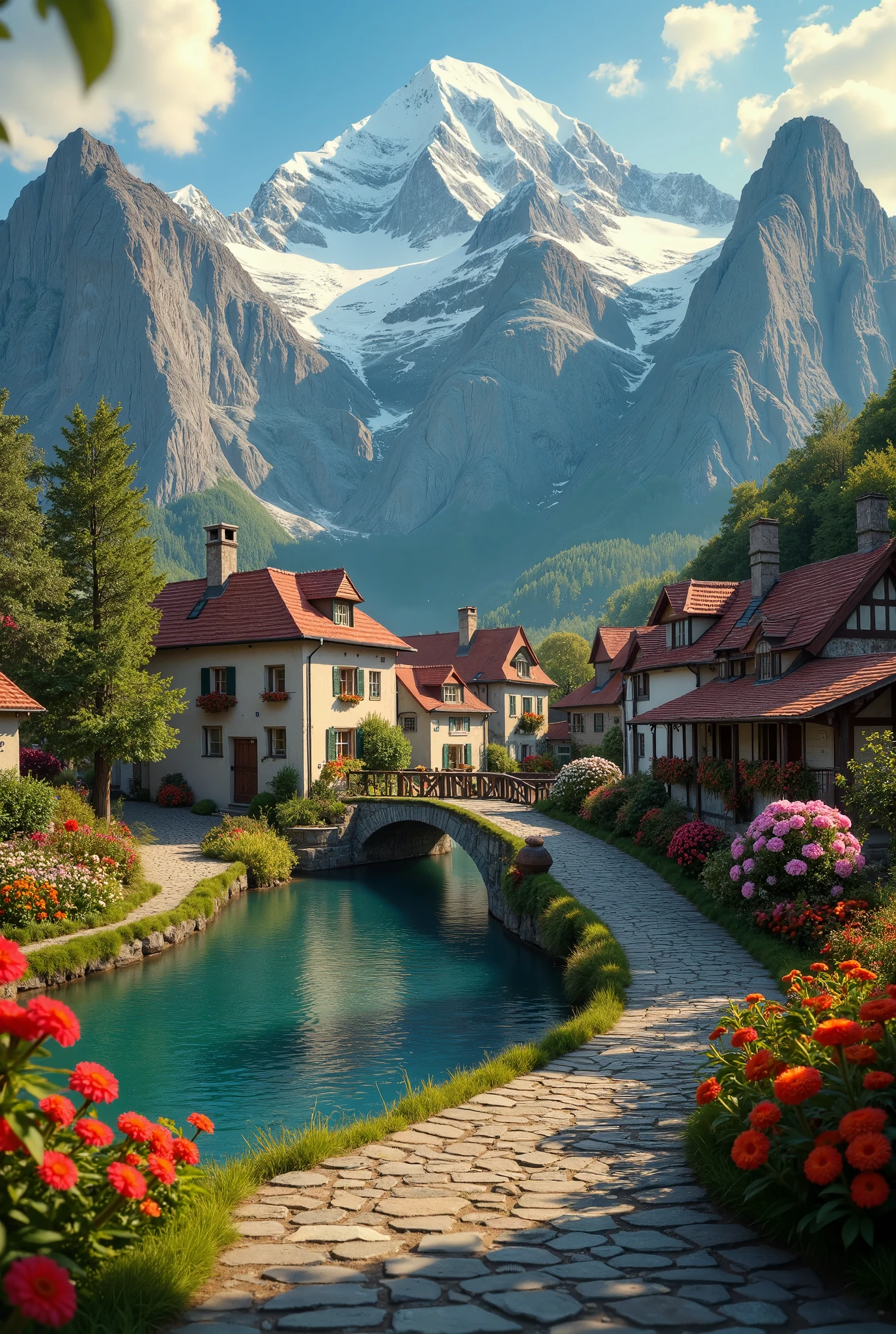 Generate a stunning, photorealistic 8K image of a charming European-style village nestled by a calm river, with a majestic mountain range towering in the background. The scene captures the idyllic beauty of the village, featuring traditional stone and timber houses with red-tiled roofs, surrounded by vibrant, colorful flower beds in full bloom. A cobblestone pathway winds along the riverbank, leading through lush green gardens filled with blooming flowers in various shades of red, orange, pink, and white. The crystal-clear, still water of the river reflects the surrounding scenery, adding a serene quality to the image.

Inspired by the landscape style of Studio Ghibli’s “Whisper of the Heart” and the detailed natural environments in the works of Thomas Kinkade, the image should use soft, warm lighting to create a peaceful and inviting atmosphere. The lighting is late afternoon, with the golden sun casting a soft glow on the mountains and the village. The tall, snow-capped peaks of the mountains stand in the background, contrasting with the lush greenery and colorful flowers in the foreground.

Use a wide-angle composition to capture both the intimate details of the village and the vast, scenic backdrop of the mountains. The vibrant colors of the flowers, the crisp reflections in the water, and the peaceful ambiance should all be emphasized, creating a harmonious and visually stunning landscape.