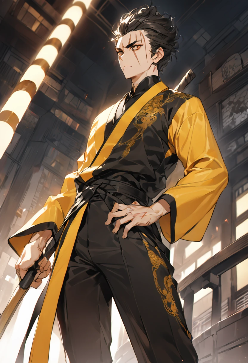 In terms of appearance, Bruce Lee would have a traditional shinigami outfit, but with yellow and black details, in homage to the iconic suit worn in his film "Game of Death". His hair would be short and black, with a small quiff on top. In addition, he would have the characteristic scar on his eyebrow, giving him an even more intimidating look, high definition 8k