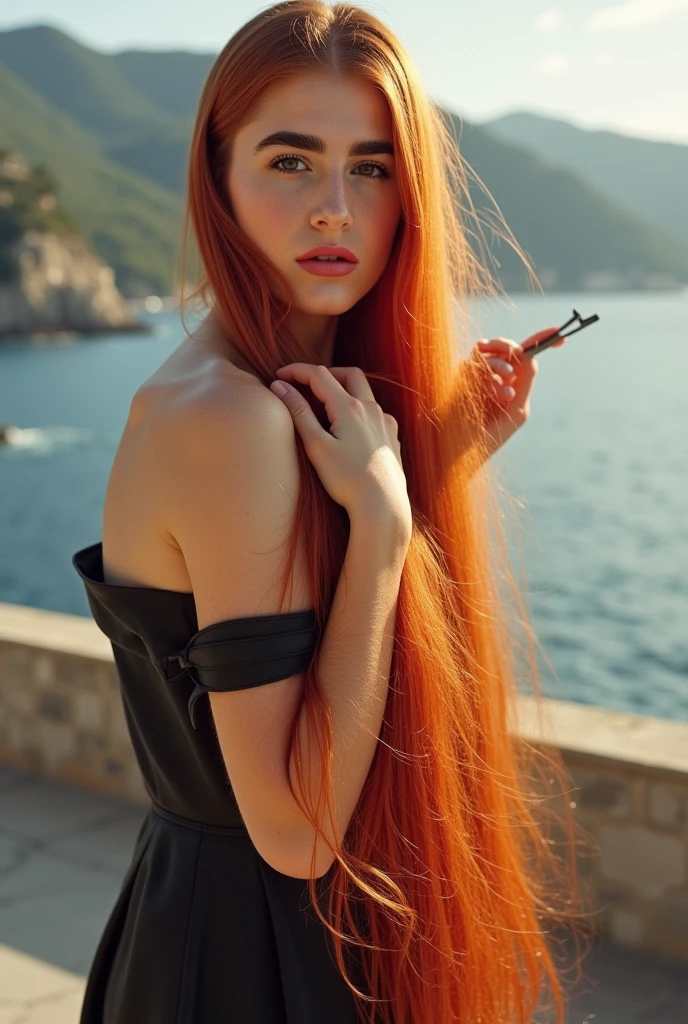 beautiful woman extremely long red hair shaved bald strip down the middle of her head, pair of hair clippers at her forehead cutting hair, in a dark sun dress looking at viewer on the Amalfi coast