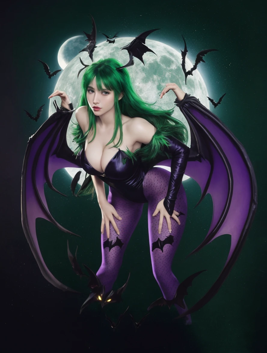 show off nipples,arms up,(masterpiece, Highest quality, Super detailed, Absurd)1.5, 1girl, (sexy, Beautiful woman, Perfect Face, Perfect Eyes, Perfect female body, Huge breasts)1.5, (Morrigan_Aensland_iwife, long hair, green_hair, 前hair, devil_girl, head_wing, wing, animal_printing, pantyhose, One_printing, One_wing, printing_Legwear, bridal_Gauntlet, leotard, just_shoulder, Cleavage, black_wing, orange_gloves, String_leotard, black_footwear, One printing, clothing_cut out, purple_wing, heart_cut out, low_wing, black_leotard, One, High leg_leotard, purple_Legwear, High leg, devil_wing, feather_trim, gloves, koakuma, cut out_On top of that_belly button, Thighs, clavicle, Knee Boots, ), (Are standing, Outdoor, Gothic cathedral in the background, Night Sky), Perfect lighting, Smooth, High resolution