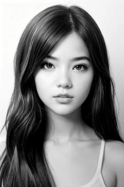 (((a black and white photo:1.2、film grain、RAW photo)))、one woman、１８talent、unparalleled beauty、beautiful teeth、natural look、small nose、plump lips、Beautiful silky straight hair、Riman、large size white shirt、Sleeves are long、blurred background、medium depth of field, photographed on a Canon 5D, 50mm lens, f/4 aperture, (very detailed, intricate details), sharp focus, calm colors, 8K, a black and white photo、a black and white photo、confused, 8mmfilm grain