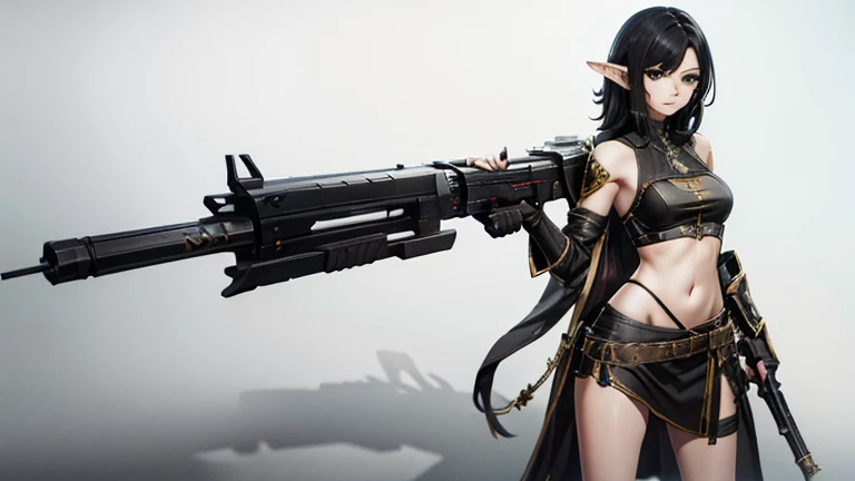 fantasy, female, elf, black hair, wearing skimpy any color roman clothes, holding a destiny2weapon handgun in right hand, standing straight, masterpiece, 4k, high detail