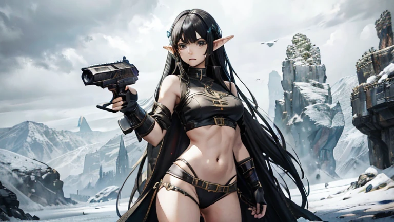 fantasy, female, elf, black hair, wearing skimpy any color roman clothes, holding a destiny2weapon handgun in right hand, standing straight, masterpiece, 4k, high detail