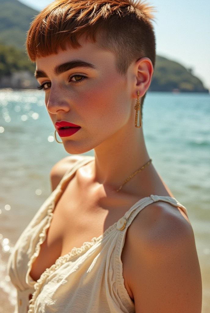 long bang undercut ginger Pixie beautiful woman in a light color sun dress (looking at viewer) on the Amalfi coast