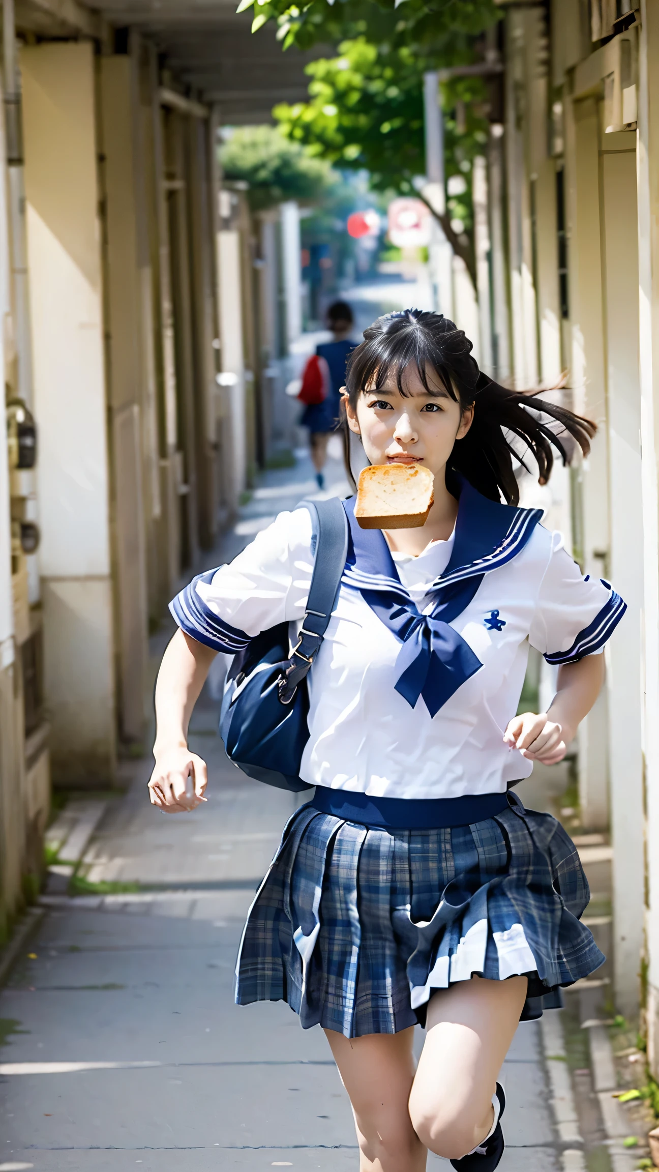 ((最High image quality、8k、masterpiece:1.3))、Realistic, Sharp focus, High image quality, High resolution, 1 person、Japanese、Mature Woman, beautiful woman,((high school uniform)) 、((Short-sleeved sailor uniform))、((Light blue plaid pleated skirt))、(Red school ribbon), Medium long hair、Large Breasts,White shoes、 Running towards me down the hallways of a Japanese high school、((Full speed)),（((With bread in his mouth)))、behind time