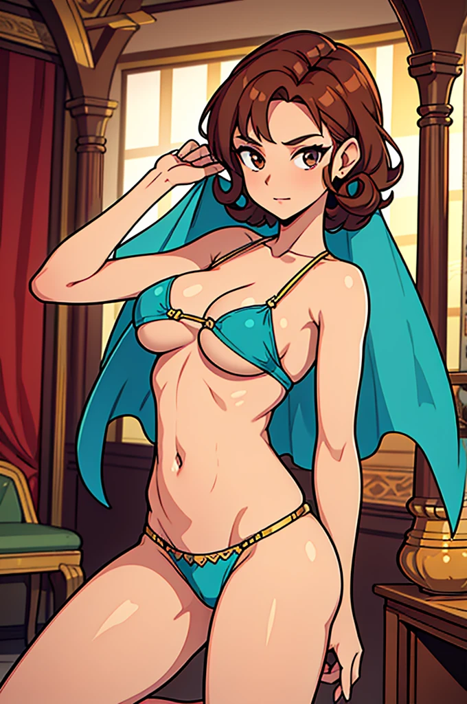 Irma as a female belly dancer, wearing teal dancer outfit, short curly brown hair, brown eyes, slim body, slightly medium size-breast, Aroused, sexy, desire, dancing in bed chamber, solo, detailed hands, high delicate defined details, sharp focus, looking at viewer, erotic