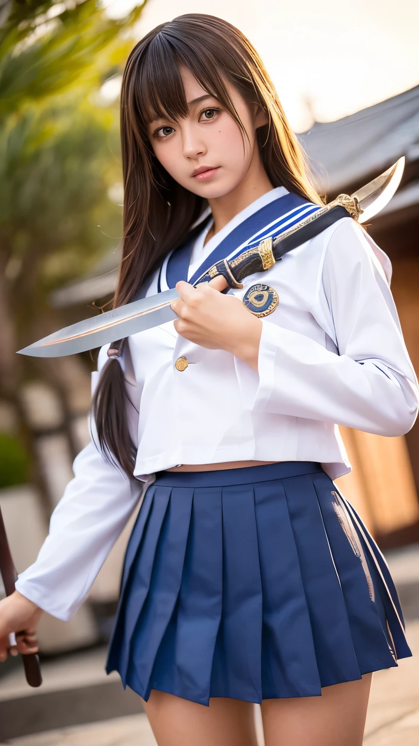 (, Please redeem, High resolution, Hyperrealistic, Super Beauty), 24000dpi, Beautiful woman, High school girl, Long Tail, Well-formed eyes, greatest visual acuity, 18 years old, Attractive, Totally American, Perfect body, The charm of the flesh, ((Japanese sailor uniform:1.2, Pleated skirt, Ultra Mini Skirt, Seraph, ＪＫ)), (((all, Japanese Sword, 2 ft knife, Bidirectional))), Blue Lightning, , (Special Move Stance), All in One, Confused, (Seven knives fly around her), (((Anatomically correct))), whole body