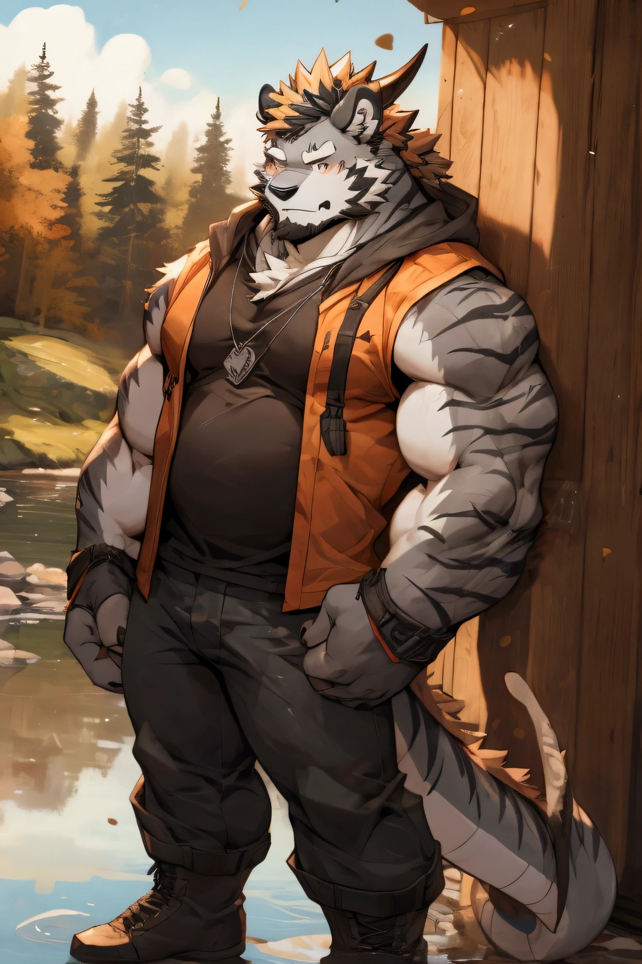 male focus, furry, furry dragon (grey), grey colored fur, black stripes on arms (black), mohawk haircut, orange colored hair, black horns, amber eyes, alone, looking at viewer, blushing shy look, short sleeved sweatshirt (white), jeans (black), dark brown hiking boots, fingerless gloves, detailed, depth of field, standing, lake, male, facial hair, big bushy beard, thick eyebrows, fat muscled man, fat, muscular, beard, hairy, manly, nj5furry, best quality, good quality, by littleblackalas,