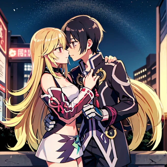 1 boy with black hair, Red jacket and glasses romantically kissing a girl with blonde hair and red eyes. With a white miniskirt, city at night in the background., True love, blushing cheeks, high quality, Milla Maxwell from Tales of Xillia 