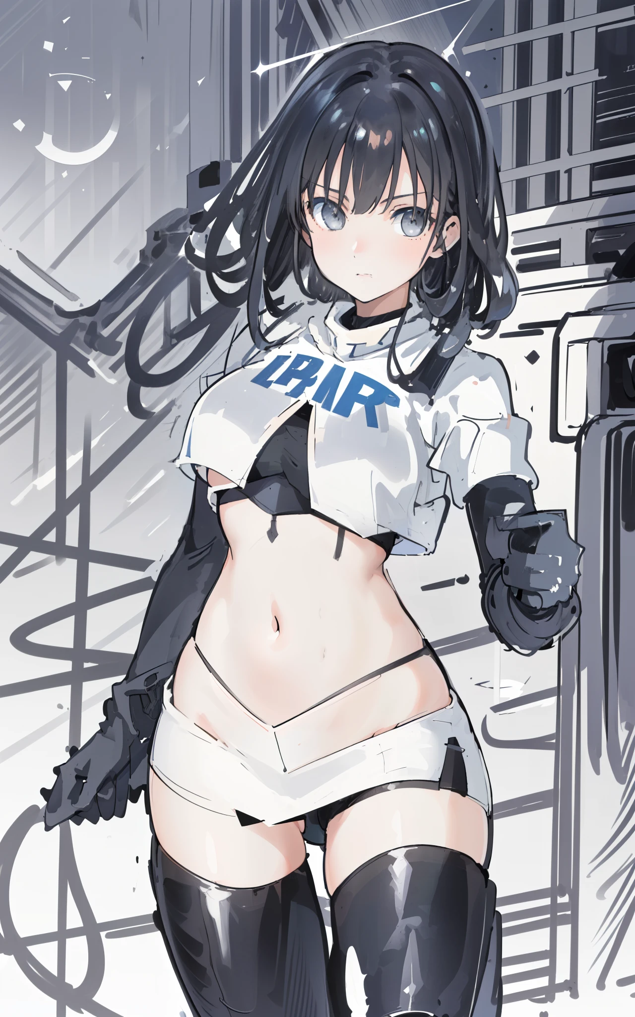 (8K, ARTISTIC (Highest image quality, outstanding details, ultra-high resolution, realism), highly condensed 1 beautiful girl, with a delicate and beautiful face, ((cowboy shot)), (a bit chubby:0.4), (wearing black racing suit likes police uniform, black and grey mecha, wearing military harness, holding a machinegun), background simple grey concrete