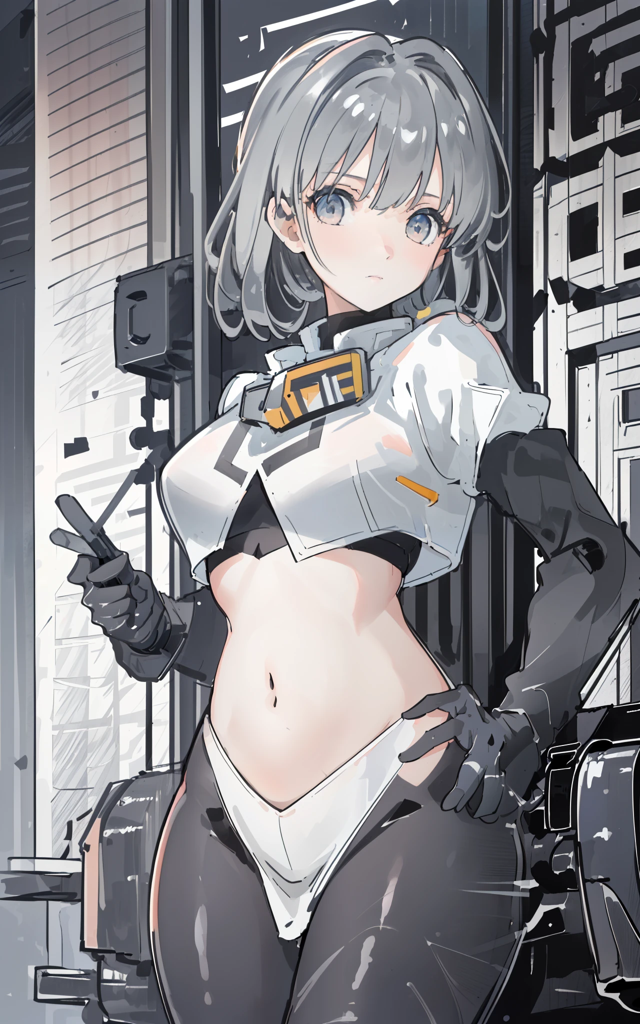 (8K, ARTISTIC (Highest image quality, outstanding details, ultra-high resolution, realism), highly condensed 1 beautiful girl, with a delicate and beautiful face, ((cowboy shot)), (a bit chubby:0.4), (wearing black racing suit likes police uniform, black and grey mecha, wearing military harness, holding a machinegun), background simple grey concrete