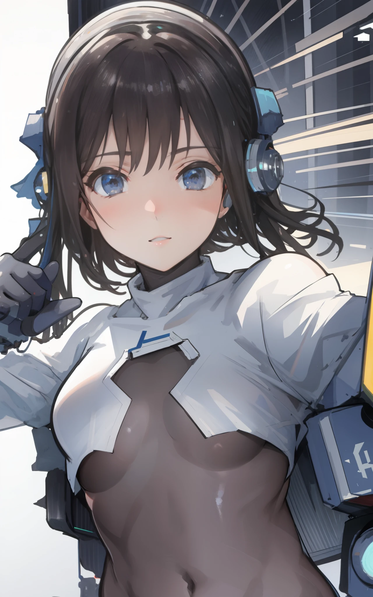 Highest image quality, outstanding details, ultra-high resolution, (realism: 1.4), ((face portrait:1.25)), highly condensed 1lady, with beautiful and a delicate face, perfect proportion, (chubby:0.3, small breasts), (cloths color base ratio blue:0.4 white:0.3 other-color:0.3), (wearing racing suit likes police uniform, black and gray mecha, wearing high-tech headset, military harness, holding a machinegun), aiming with bazooka rifle, background simple gray wall,