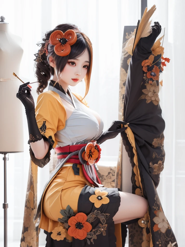 girl, solo, full body, from head to toe, standing , (Huge_Breasts:1.3), chiori, 1girl, brown hair, drill hair, hair ornament, hair flower, flower, red eyes, elbow gloves, short sleeves, wide sleeves, japanese clothes, kimono, pleated skirt,dress, black thighhighs, kimono, gigantic breasts