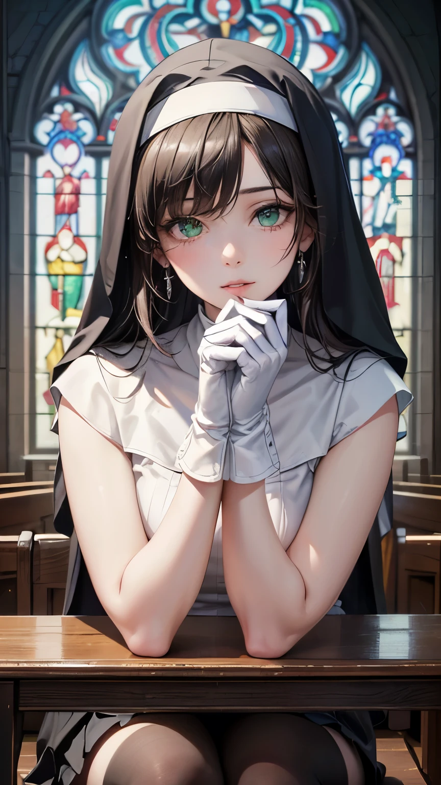 One girl，Long black hair，((Hide one eye))，((Clear green eyes))，((Nuns))，((4K，8k，CG Unity，Masterpiece，masterpiece，Best Quality:1.5))，Official image，Perfectly correct anatomy，((Realistic:1.2))，Bust Up，((Staring at the camera with a gentle gaze))，((altarに足を組んで座る))，Perfect beautiful girl，Beautiful woman，Supermodel，Beautiful and detailed skin texture，Beautiful Lips，Very detailed acrylic painting，Very beautiful and smooth hair，Staring at the camera，Professional Lighting，Perfectly correct hand shape，Black Pleated Micro Mini Skirt，Black thigh-high stockings，White gloves，Small sparkling earrings，Stained Glass，altar，Church Background