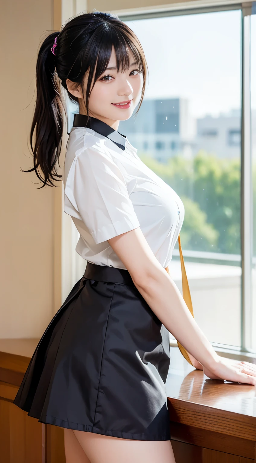 (masutepiece), Best Quality, High resolution, Highly detailed, Detailed background, Perfect Lighting, plein air, 1girl in, Black pantyhose、Focus on the thighs、looking down to viewer、Beautiful Large Breasts、White short-sleeved shirt、pleatedskirt、Black Apron、Her eyes are shining、Seductive facial expressions、Poses to seduce、Gloss々pantyhose、Naughty smile、Inner Stock:1.3、Turn your ass here、Looking back here、Focus on the buttocks、The shape of the buttocks is faintly visible from the top of the clothes、Style Batsugun