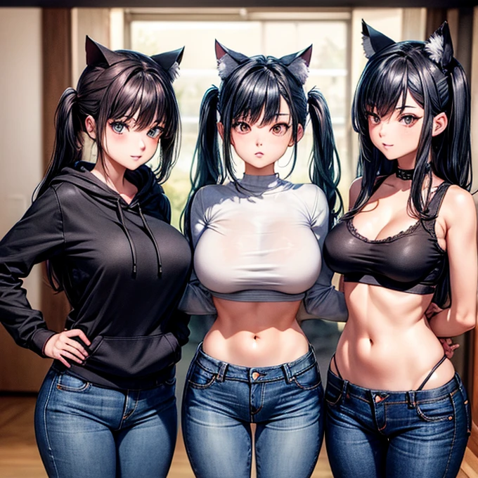 four beautiful girls of 25 years with round animal ears. cabello multicolor. . rostros hermoso ojos azules y verdes y rojos,  detallados piel bronceada. brillante. piel clara, piel oscura.  pechos grandes desnudos desnudos sin bragas desnuda. fondo una cama desnuda. pechos enormes. pechos grandes.

