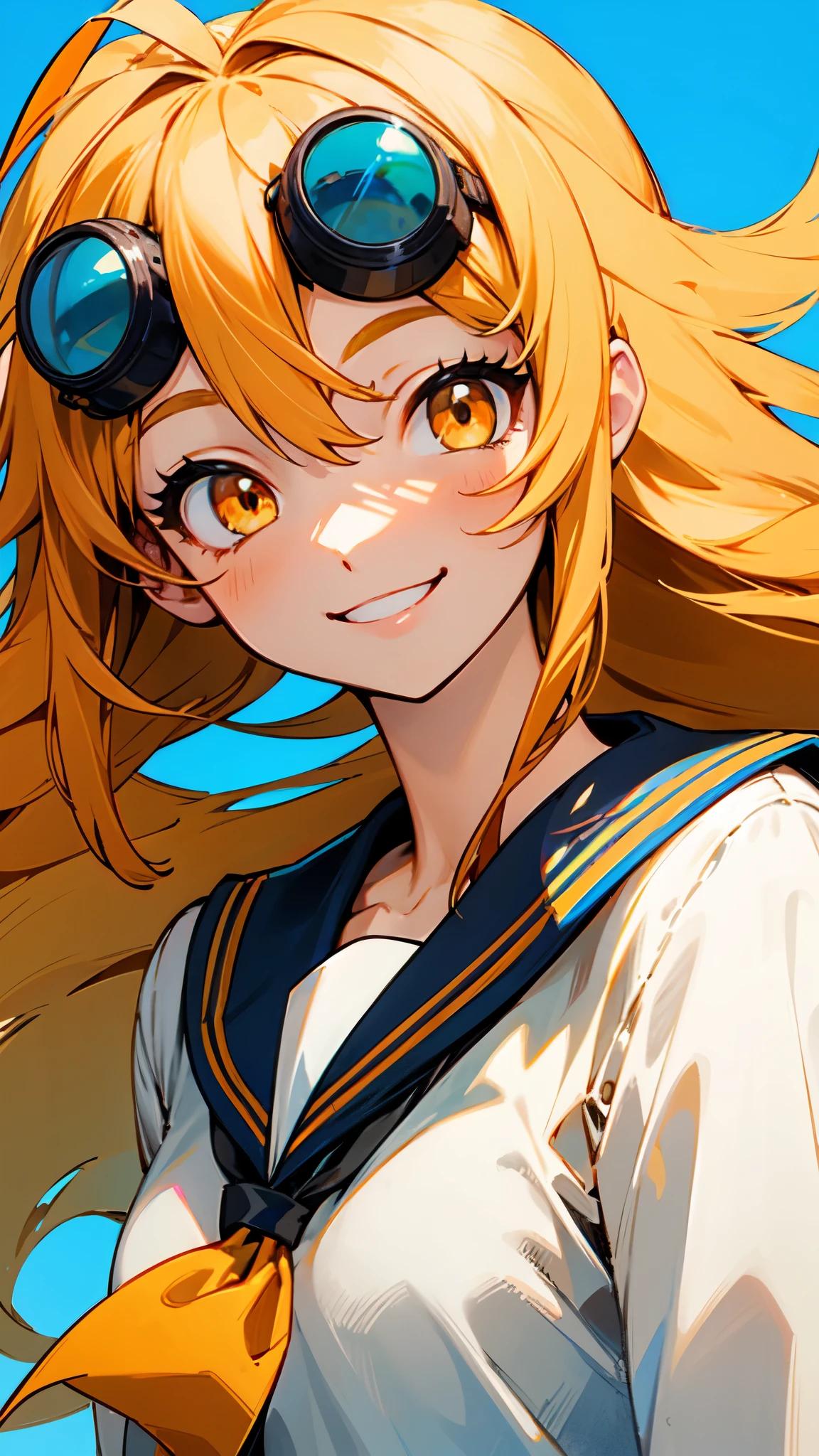 girl 1 person、solo、Yellow long hair、Ahoge、Orange Eyes、He has blue goggles on his head.、Sailor school uniform、Upper body close-up、smile、smile