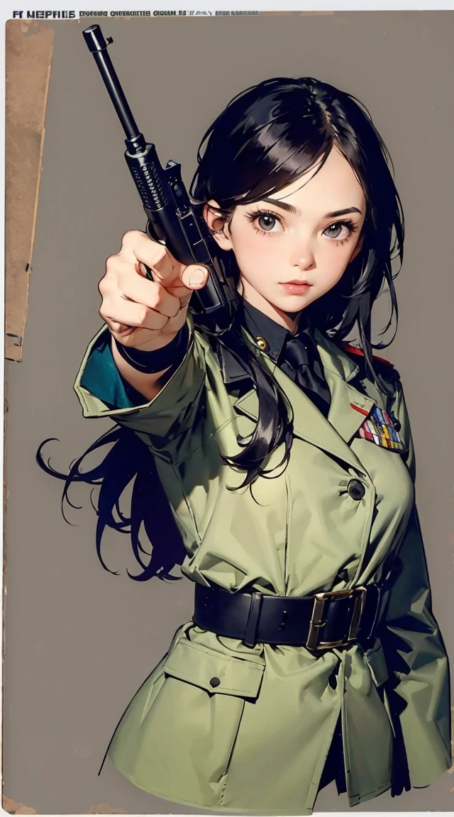 survival game、Black combat uniform、survival gameのフィールド、A beautiful girl is holding a pistol、head to waste、