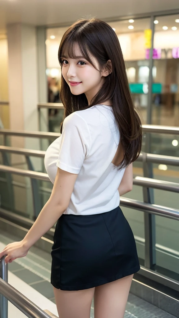 (8K, best quality, masterpiece:1.2), (realistic, photo-realistic:1.37), (high color saturation:1.0), (highly detailed skin), (highest quality:1.0), (ultra high resolution:1.0) ,(realistic:1.0), (Super detailed:1.0), (8K, Raw photo:1.1)、standing random pose, smiling, natural breast, perfect lighting, 22years old, (mysterious), clear and detailed, ((japaniese_office_uniform, flared skirt, sexy_blouse)), (indoor office, escalator), surprised face, ((looking at back viewer)), ((low angle photo)), panties,