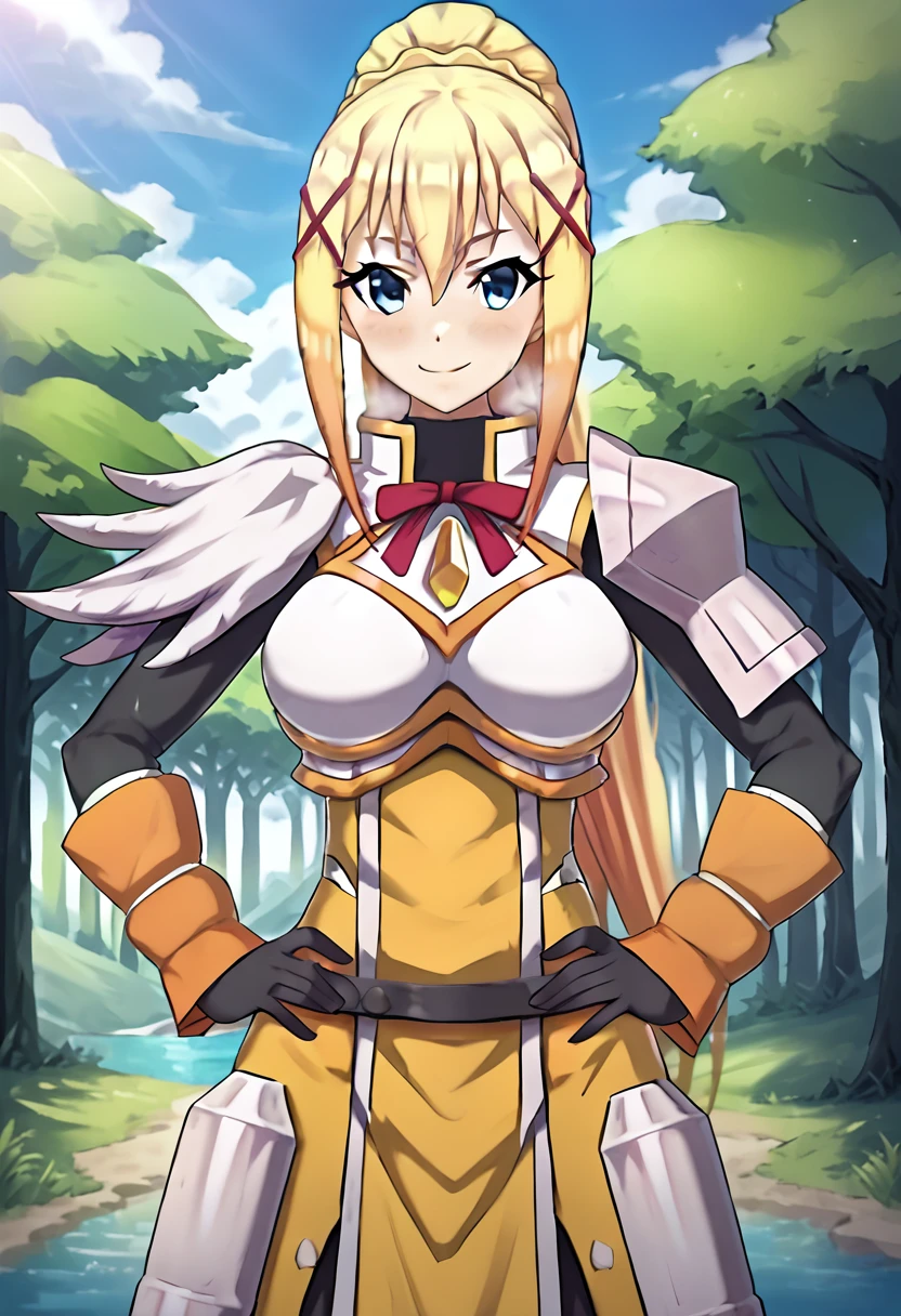 (masterpiece), (Best quality), (Very detailed), (high resolution), (8Khighres), (cel anime), (detailed beautiful face and eyes), (textile shading), (cowboy shot), (forest), 1girl, darkness /(konosuba/), long hair, green eyes, blonde hair, x hair ornament, ponytail, braid, gloves, armor, bodysuit, shoulder armor, armored dress, beautiful breasts, happy, smile, put hands on hips,,