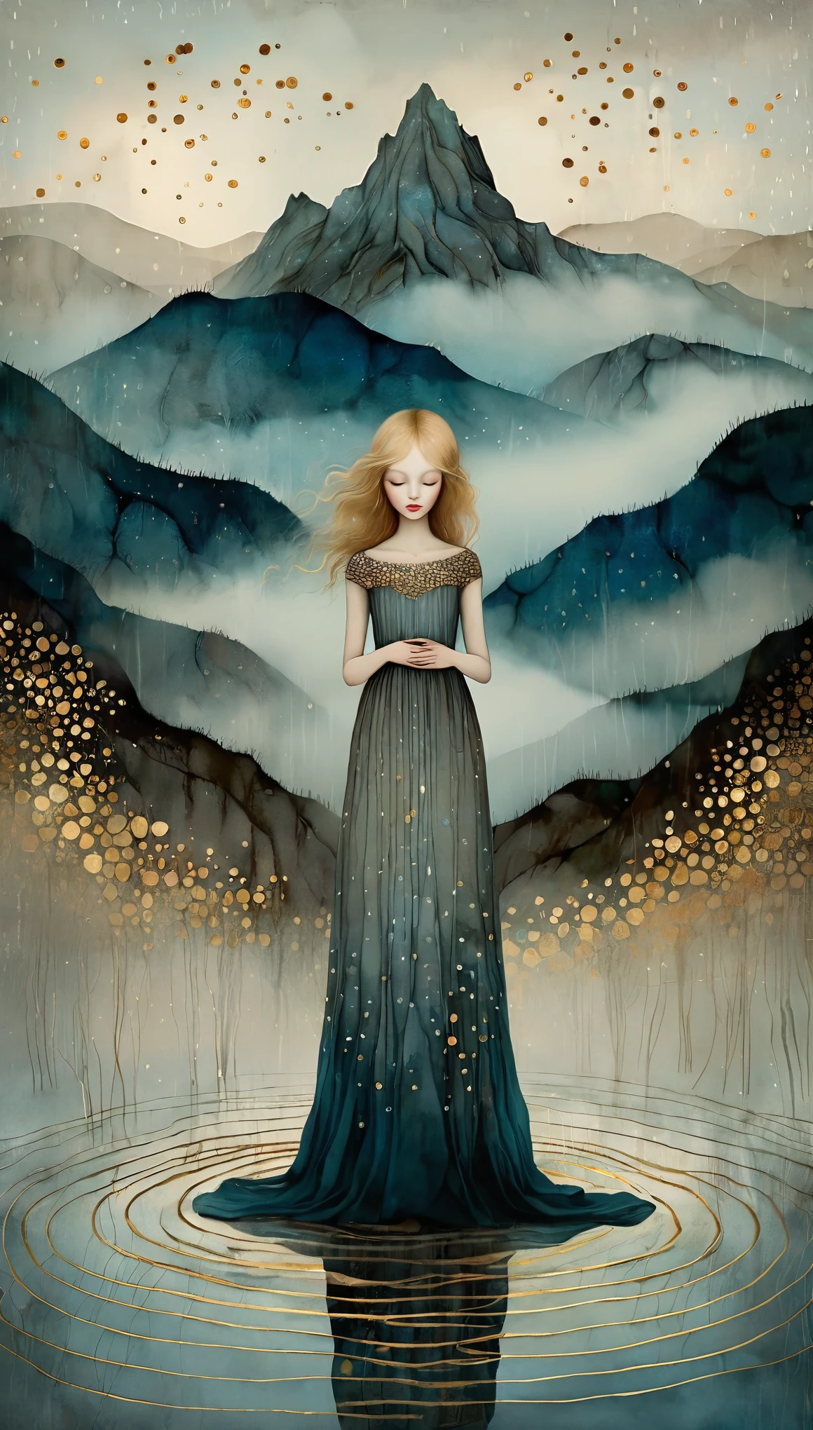 Create a melancholic, whimsical scene of misty mountains during a rainy day, inspired by Gustav Klimt and Catrin Welz-Stein. The mountains in the background are softly veiled in mist, with delicate golden patterns and shimmering details woven into the rocky slopes, reminiscent of Klimt's intricate, metallic motifs. The rain falls gently, creating soft ripples on puddles and streams below, adding a reflective, sorrowful mood. The mist swirls through the valleys in a dreamy, layered fashion, with surreal and collage-like textures in the sky, echoing Catrin Welz-Stein's fantastical aesthetic. A muted color palette of cool blues, greys, and golds blends harmoniously to enhance the melancholic atmosphere. There is a happy beautiful age blonde pale girl standing wearing long magical dress, looking at viewer. The overall image evokes a feeling of serene mystery, where nature and magic intertwine, offering a glimpse into a quiet, rainy world where emotions are both muted and intense.