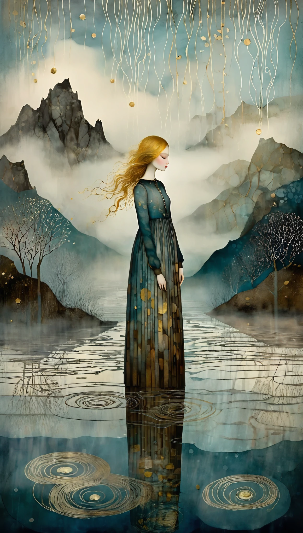 Create a melancholic, whimsical scene of misty mountains during a rainy day, inspired by Gustav Klimt and Catrin Welz-Stein. The mountains in the background are softly veiled in mist, with delicate golden patterns and shimmering details woven into the rocky slopes, reminiscent of Klimt's intricate, metallic motifs. The rain falls gently, creating soft ripples on puddles and streams below, adding a reflective, sorrowful mood. The mist swirls through the valleys in a dreamy, layered fashion, with surreal and collage-like textures in the sky, echoing Catrin Welz-Stein's fantastical aesthetic. A muted color palette of cool blues, greys, and golds blends harmoniously to enhance the melancholic atmosphere. There is a happy beautiful age blonde pale girl standing wearing long magical dress, looking at viewer. The overall image evokes a feeling of serene mystery, where nature and magic intertwine, offering a glimpse into a quiet, rainy world where emotions are both muted and intense.