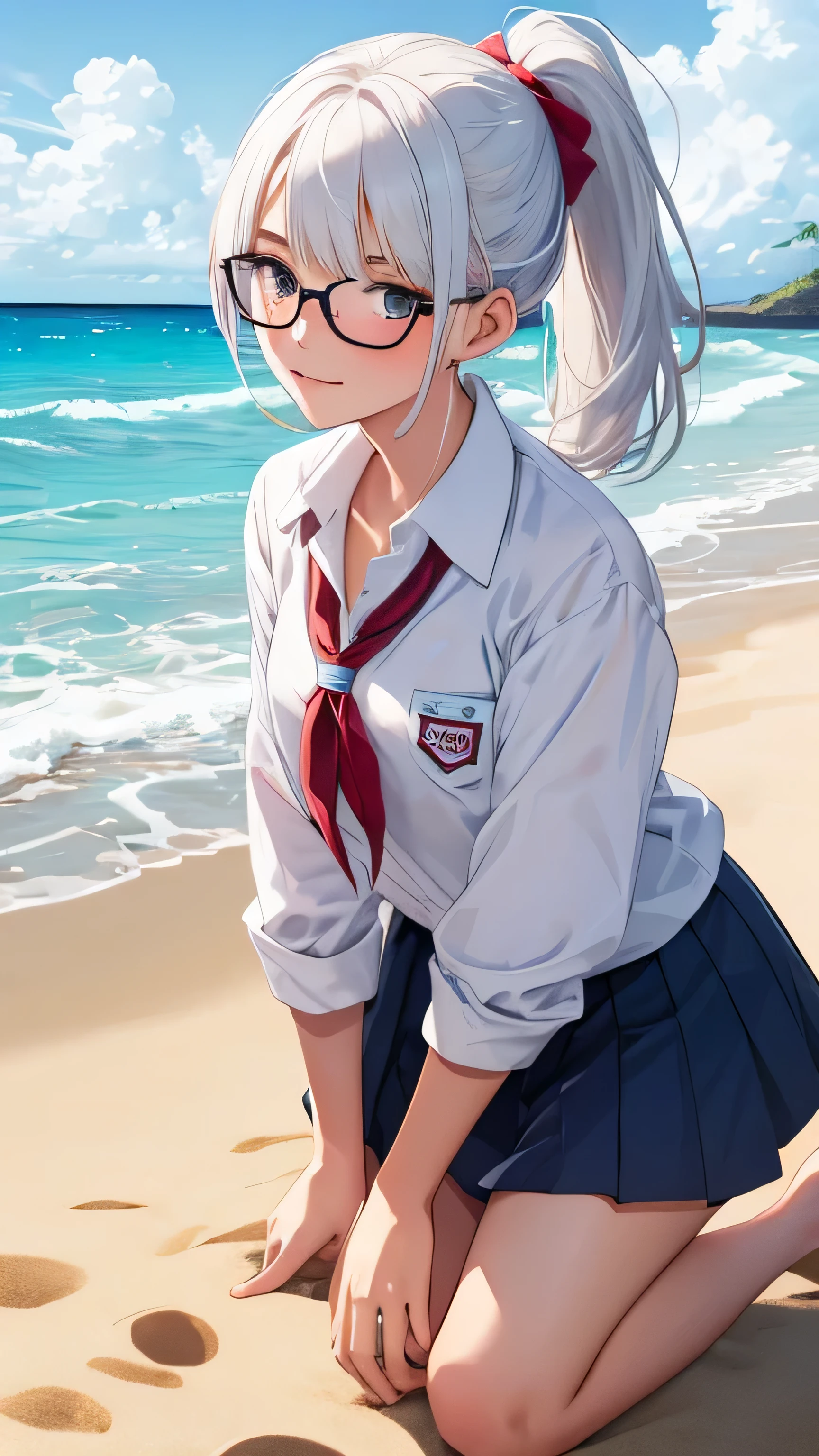 A lot of skin exposure, senior high school student, uniformed figure, hair behind ear, light smile, oral invitation, In summer uniform, crossedlegs, expressive hair, bob cut, lone nape hair, wariza, kneestochest, onback, fetalposition, eyewear on head, x hair ornament, white hairband, eyeball, wince, licking lips, anime, anime style, drop shadow, 4K, best quality, award winning, super detail, textured skin