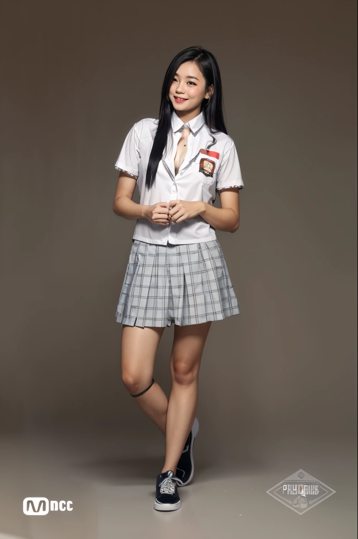 female, beautiful girls, line up, big hips, curvy body, tight, wearing indonesian high school uniform, indonesian high school uniform white shirt and grey skirt, smile, dynamic pose, Fullbody, curvy body, good hand angle, Eye-Level Shot, classroom, 135mm, masterpiece, best quality, highres, HD, 8k, textured skin, high quality, UHD