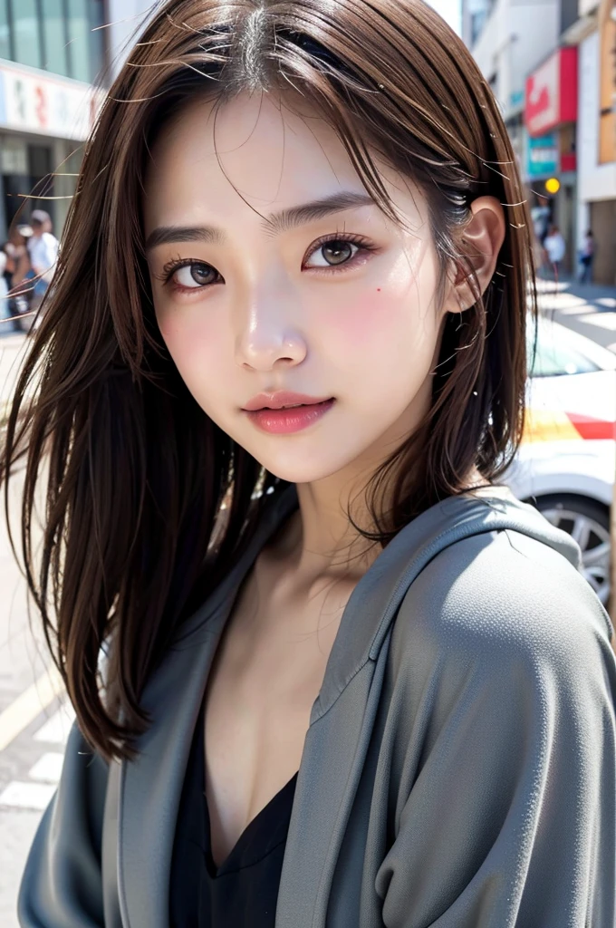 With the backdrop of Tokyo alleys、18-year-old girl、Independent、look forward to、Light eye makeup、Brown Hair Color、flat 、Hair blowing in the wind、Quality of actress、Shiny, Ultra-realistic faces、smileの表情、Teary-eyed、look up、Pleasant lighting effects、 Ultra-Realistic Capture、Very detailed、High resolution 16K human skin closeup。Skin texture must be natural、It should be detailed enough to see the pores、The skin is healthy、There must be a unified tone、Use natural light and color、High quality photos taken by modeling agencies&#39;Exclusive photographer、smile
