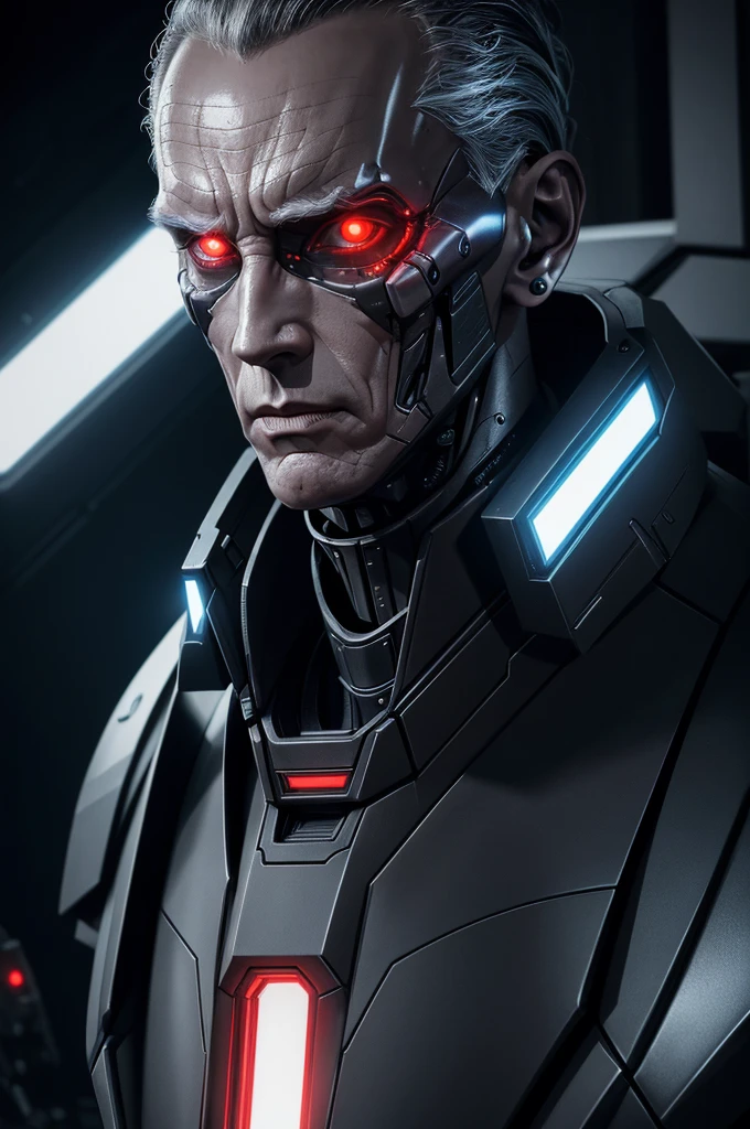 A Tarkin terminator, highly detailed portrait of a cyborg Tarkin from Star Wars, biomechanical android face, piercing gaze, metallic skin, glowing red eyes, intricate cybernetic implants and machinery, hyper realistic, cinematic lighting, dark moody atmosphere, muted color palette, chiaroscuro lighting, dramatic shadows, digital painting, artstation, unreal engine, octane render