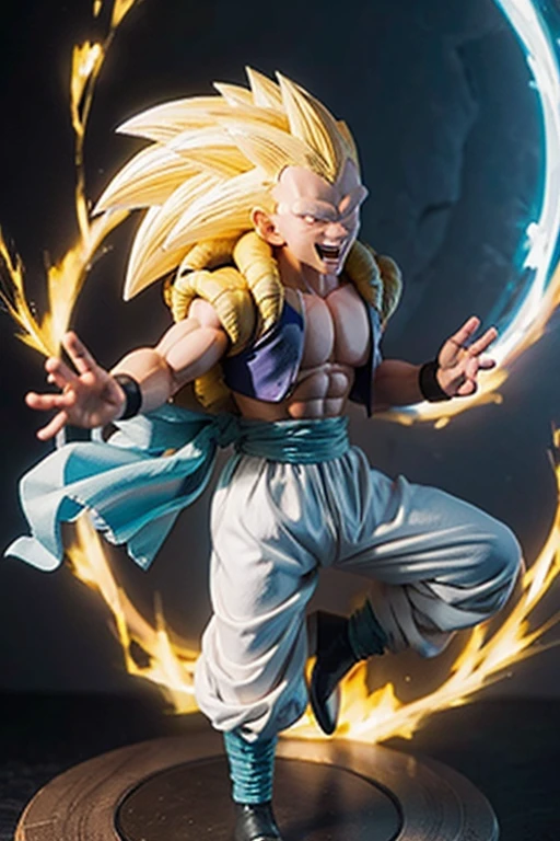 masterpiece, best quality, highest quality, perfect anatomy, perfect face, perfect eyes, well defined corneas,
gotenx-ss3-smf, super saiyan, 1boy, male focus, blonde hair, solo, muscular, blue eyes, smile, spiked hair, abs, energy ball, electricity, long hair, full body, looking at viewer, no eyebrows, pants, grin, white pants, sash, aura, blue sash, pectorals, super saiyan 3, teeth, muscular male, energy, boots, dougi