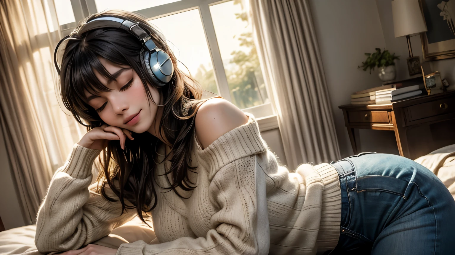 A beautiful girl sits peacefully by a large window, wearing stylish over-ear headphones that glow faintly with soft, colorful LED lights. Her eyes are closed, lost in the music, as a gentle smile plays on her lips. Long, flowing hair cascades down her shoulders, catching the warm sunlight streaming through the window, creating a serene glow around her. She wears a cozy sweater, the sleeves slightly oversized, adding to the relaxed, dreamy atmosphere. The background is softly blurred, focusing attention on her content expression, with a hint of nature visible outside the window, adding to the tranquil vibe