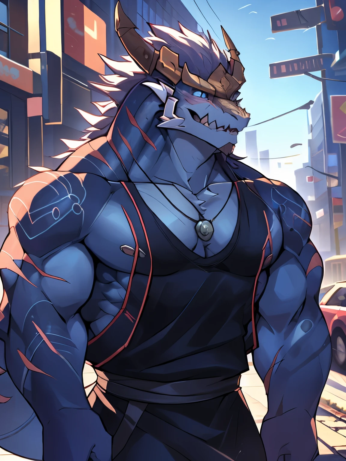 (dragon), Two colors, Scars on the face, Necklace hanging around the neck,(Muscular body:1.3), Scars on the face, Handsome, OK,(Scars on the face), On the Street,(City background),(Scars on the face:1.2),Look at the screen,(dragon horn),(dragon tail),Perfect masterpiece,