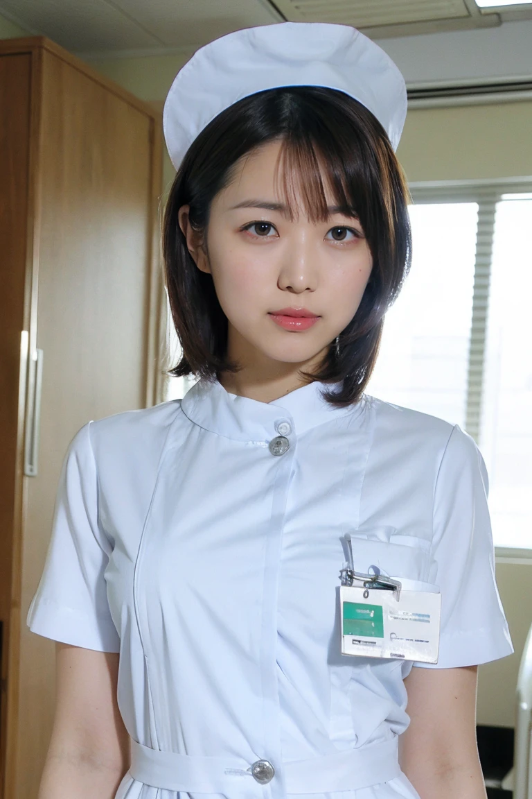 1 girl,(Wearing white nurse clothes:1.2),(RAW Photos, Please redeem), (Realistic, photo-Realistic:1.4), masterpiece, very delicate and beautiful, Very detailed, 2k wallpaper, wonderful, finely, Very detailed CG unity 8k wallpaper, Very detailed, High resolution, Soft light, Beautiful detailed girl, Very detailed eyes and face, Beautifully detailed nose, finely beautiful eyes, Perfect Anatomy, Black Hair, nurse uniform, ((nurse cap)), Long skirt, nurse, whiteコスチューム, thin, hospital, Clear, white, hospital room, Neck auscultation, ((Upper Body))