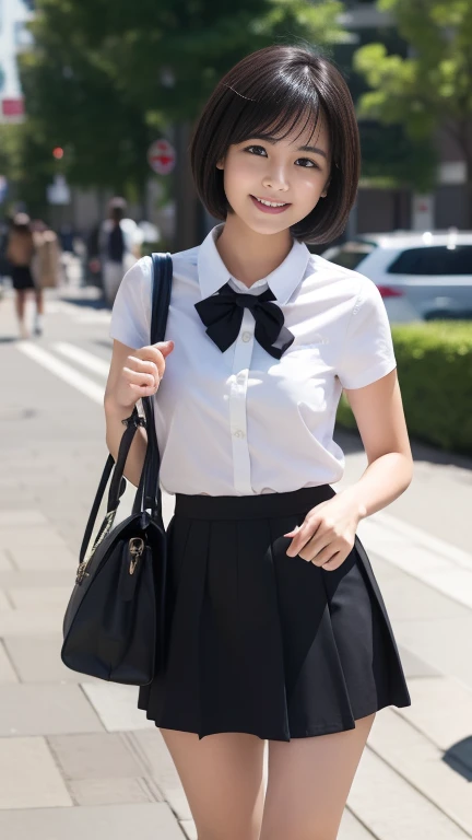 masterpiece, top quality, high resolution, from behind, brown eyes, dull bangs, short cuts, Japan schoolgirl uniform, sheer white panties, socks, loafers, carrying school bag, looking at camera, smile, looking down, open mouth and stick out tongue, big, (dress lift: 1.7),(chest out: 1.9), showing off sheer panties, Japan model, young, cute, beauty, Shibuya, in the city