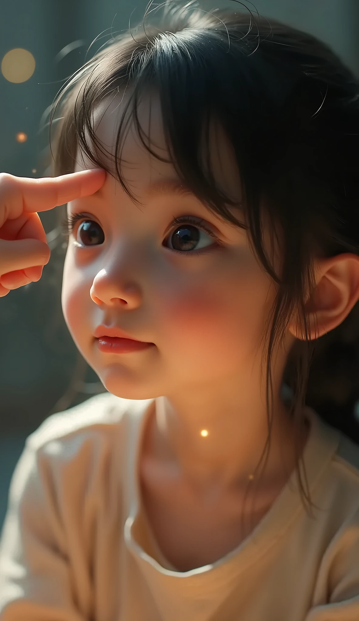 six months old baby, close up, looking at camera, In a sunlit and out of focus back room!, Clear and bright images - automatic