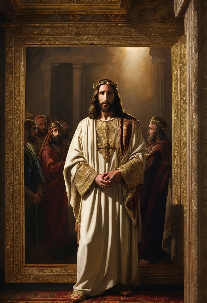 jesus,pilate,traditional,religious,painting,oil,pictorial technique,expressive brushstrokes,dramatic lighting,symbols of faith,emotional,religious devotion,cross,detailed faces,sacred atmosphere,vivid colors,divine illumination,celestial aura,deep shadows, sacred figures,Artwork:1.2,realistic,high resolution,ultra-detailed