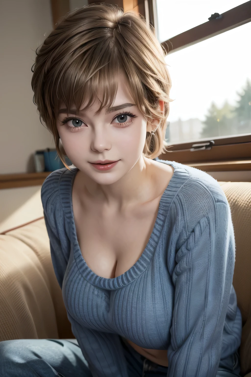 Perfect appearance. Top quality. High resolution.
High quality photos. Photos that are in correct focus.
Correct human anatomy. Correct hand shape.
She is a high school student.
Too beautiful girl. Her face is so young.
Her haircut is a pixie haircut.
Her hair looks like Amara Tenou.
Her hair looks like Audrey Hepburn.
Too big breasts. Japanese idol girl with big boobs.
She is wearing a summer sweater.
She is wearing blue jeans.
She is relaxing on the sofa in the living room.
She is smiling happily.
