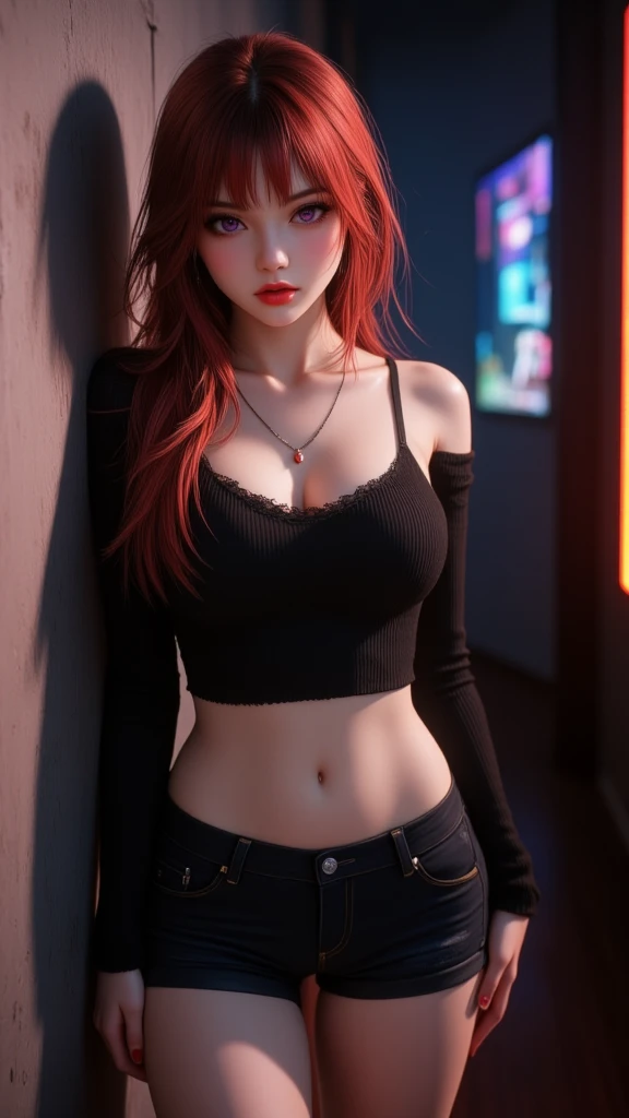 As a matter of fact, Full body photo, sharp face, A pretty girl stands posing against a wall in a dark room., Beautiful and cute face, Amazing details, Perfect type, The most charming idol, Stunning face, Beauty beyond the world, Reddish brown hair, Long straight hair with full bangs, put on makeup, Red lipstick, Kakegurui, Big Breasts, Black long sleeve t-shirt, Black shorts, Radiant skin, A wall in a dark room with dim lighting, พื้นหลังสีintensive, intensive, highest quality , The best details, Differences in light and shadow, illustration