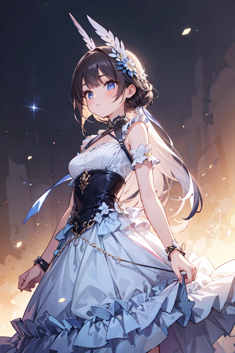 (((Masterpiece))),(((Best quality))),(((Amazing detail))),((illustration)),((A high resolution)),((8K)),((Anatomically correct)), anime girl, elegant beautiful deep_v-neck_dress , fancy and elegant hair style, delicate hair, light smile, angle of view, Depth of field