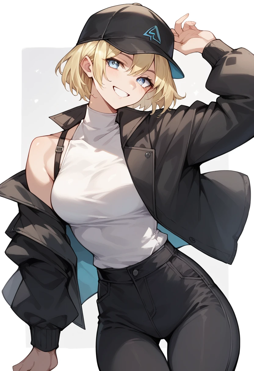 (One girl)、((short hair))、((Blonde))、(Sato Air)、((boyish))、((Small breasts))、Crossdresser、(juvenile)、Blue Eyes、Robe of Black Magic、Black sleeveless、((hairs between eyes))、smile